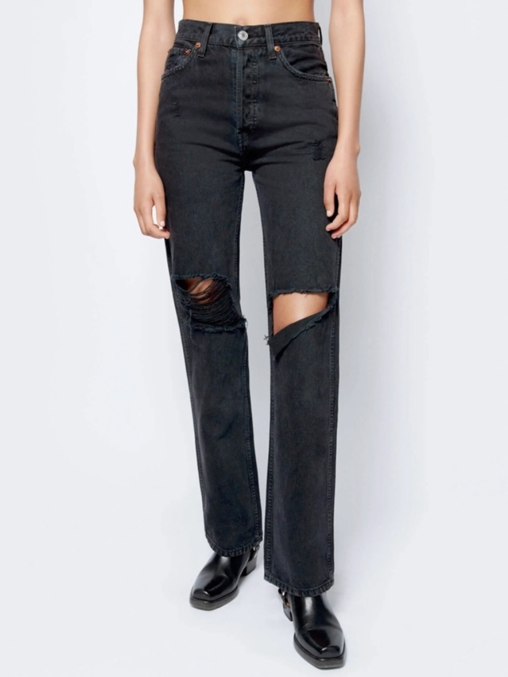 Re/Done High-Rise Black Distressed Wide Leg Jeans 🖤